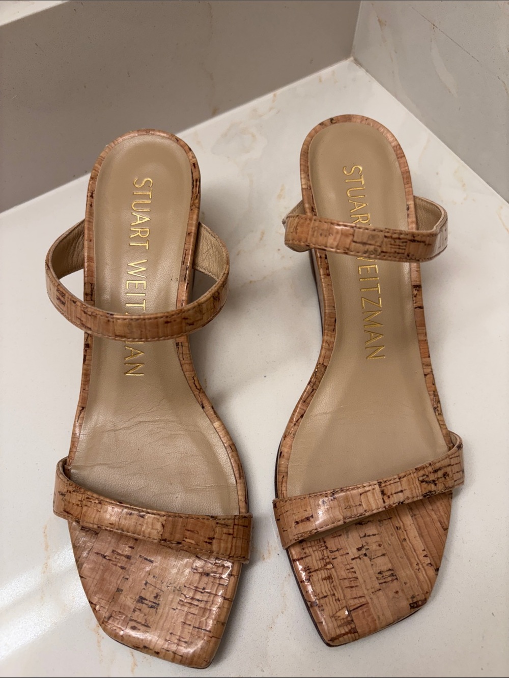 Stuart Weitzman Cork-Textured Strap Sandals - Natural wedges size 6